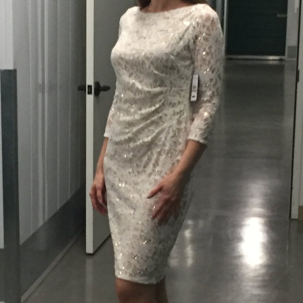 Side-Tucked Lace Sequin Sheath Dress, Size 12